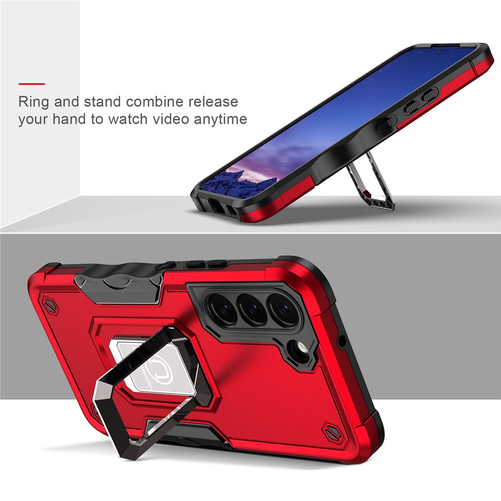 Dual-Layer Soft Flexible TPU Hard PC Cover Anti-Slip Protective Phone Case with Ring Car Mount Kickstand for Samsung Galaxy S22 5G - Black-6