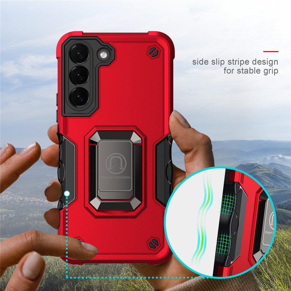 Dual-Layer Soft Flexible TPU Hard PC Cover Anti-Slip Protective Phone Case with Ring Car Mount Kickstand for Samsung Galaxy S22 5G - Black-7