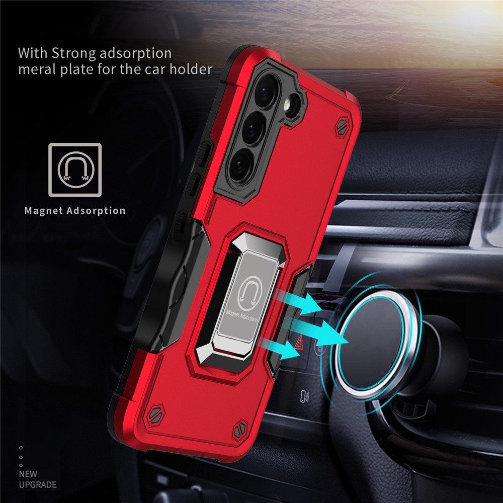 Dual-Layer Soft Flexible TPU Hard PC Cover Anti-Slip Protective Phone Case with Ring Car Mount Kickstand for Samsung Galaxy S22 5G - Black-8