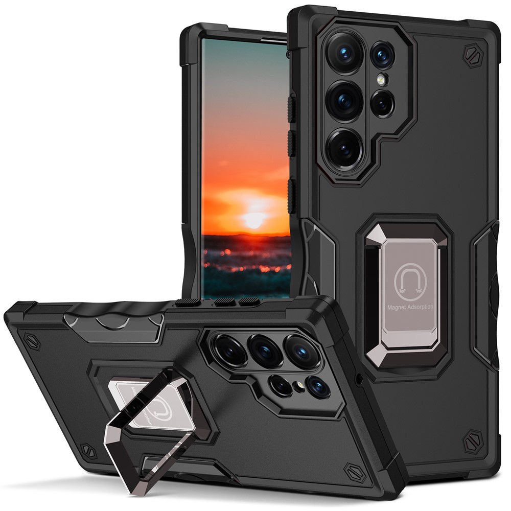 Ring Holder Kickstand PC + TPU Impact-Resistant Protective Back Cover for Samsung Galaxy S22 Ultra 5G - Black-1