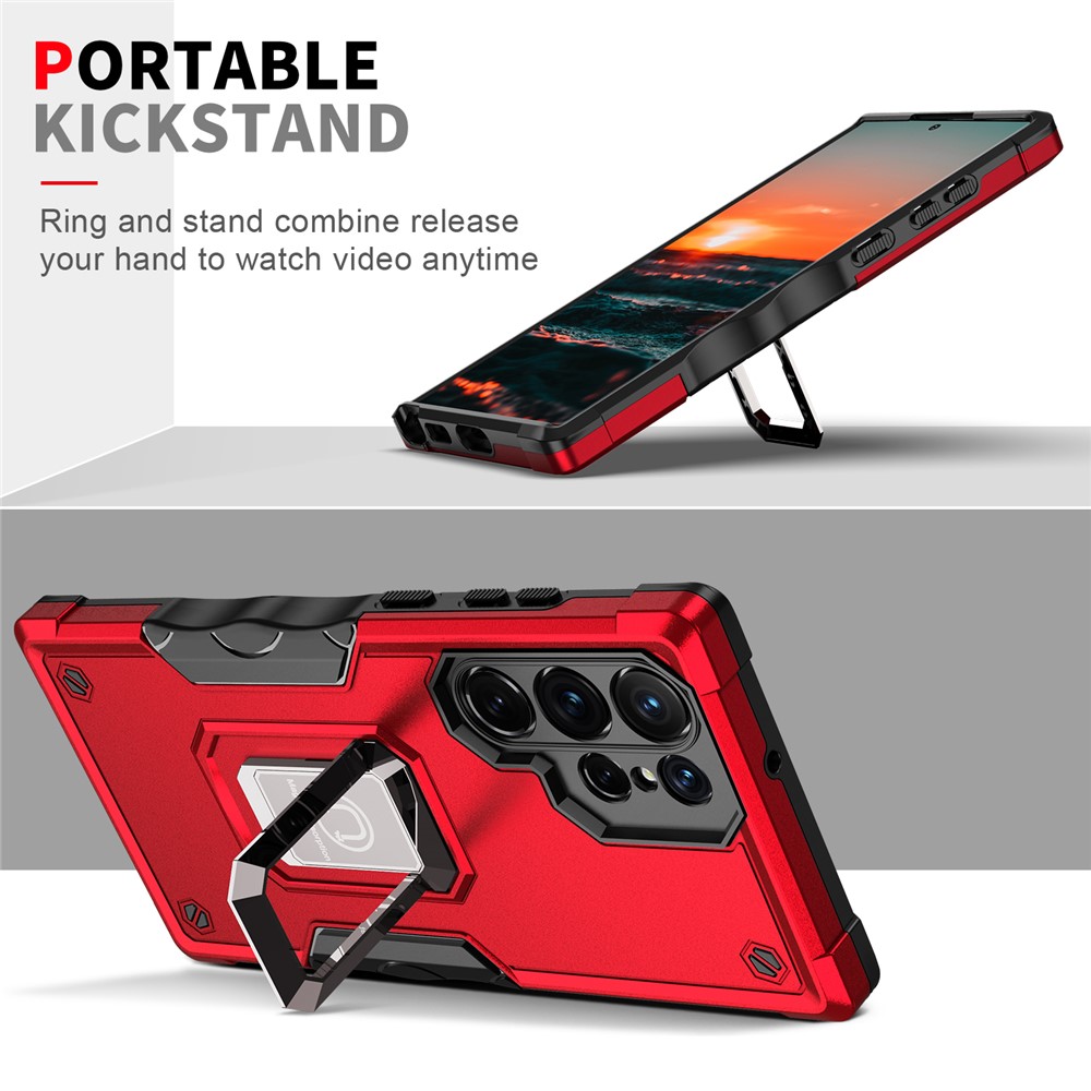 Ring Holder Kickstand PC + TPU Impact-Resistant Protective Back Cover for Samsung Galaxy S22 Ultra 5G - Black-6