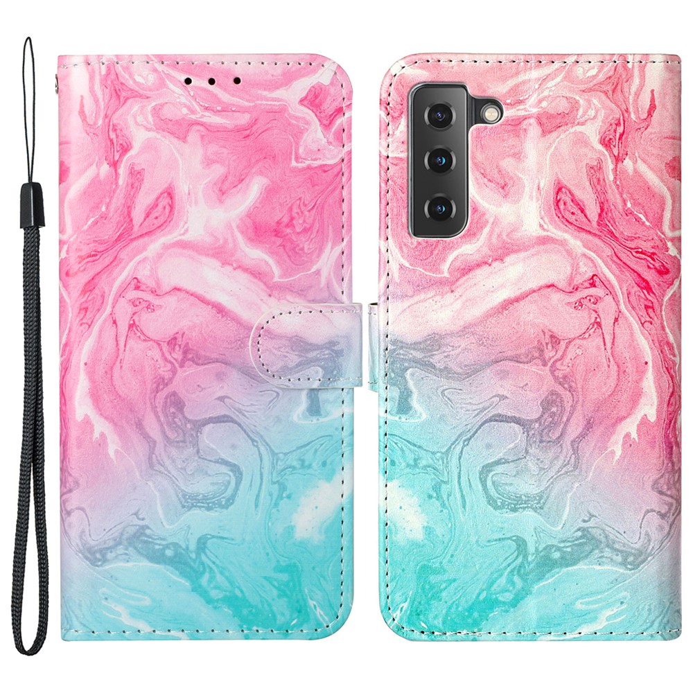 Pattern Printing PU Leather + TPU Full Protection Phone Case Wallet Stand Cover for Samsung Galaxy S22+ 5G - Pink/Green-1