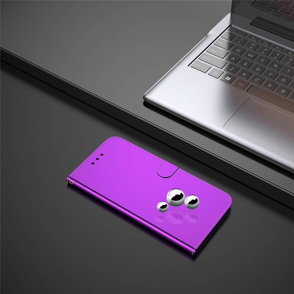 Folio Flip Mirror-like Surface PU Leather + TPU Stand Wallet Function Phone Case for Samsung Galaxy A13 4G - Purple-9