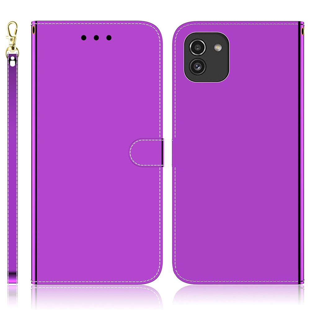 Wrist Strap Magnetic Closure Mirror-like Surface Cover PU Leather + TPU Foldable Stand Phone Case with Wallet for Samsung Galaxy A03 (166.5 x 75.98 x 9.14mm) - Purple-1