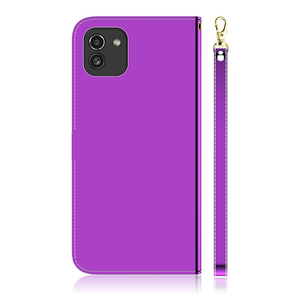 Wrist Strap Magnetic Closure Mirror-like Surface Cover PU Leather + TPU Foldable Stand Phone Case with Wallet for Samsung Galaxy A03 (166.5 x 75.98 x 9.14mm) - Purple-3