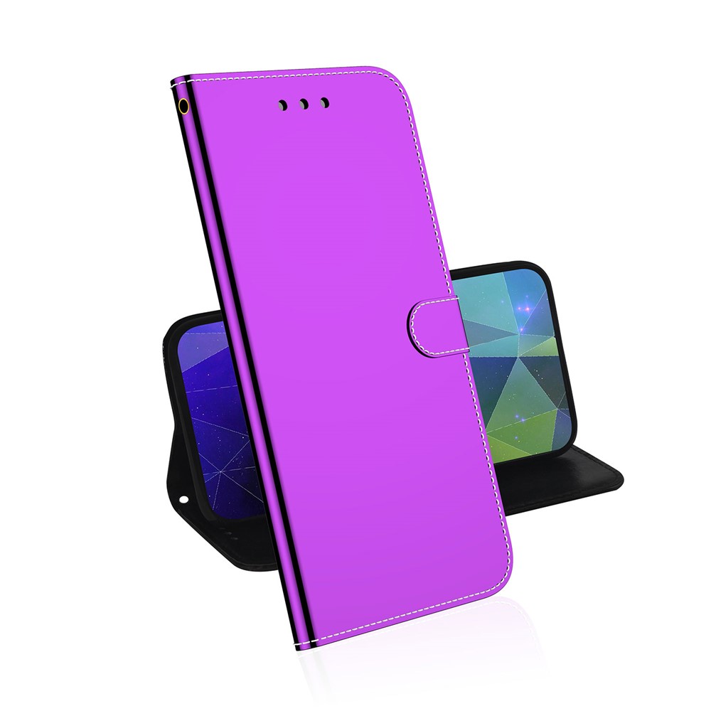Wrist Strap Magnetic Closure Mirror-like Surface Cover PU Leather + TPU Foldable Stand Phone Case with Wallet for Samsung Galaxy A03 (166.5 x 75.98 x 9.14mm) - Purple-8