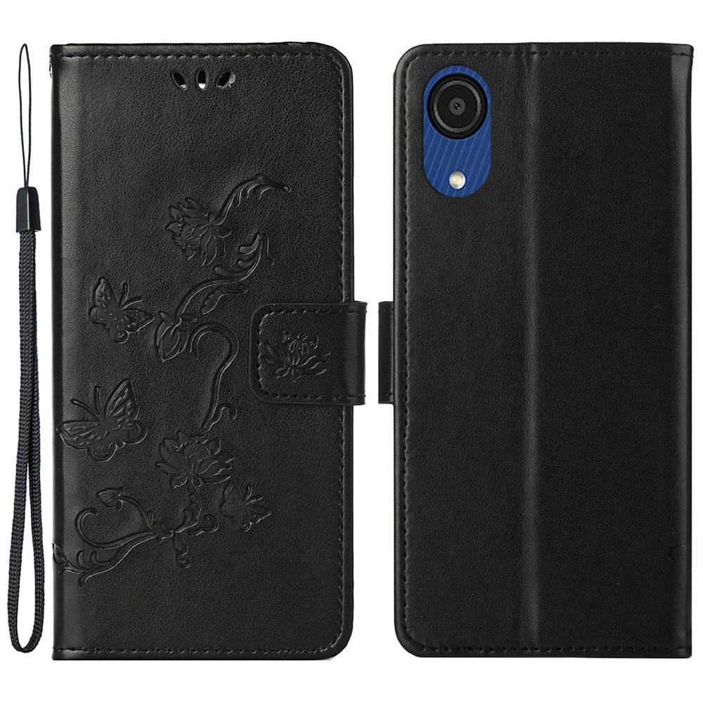 Fashionable Wallet Function Flip Imprinted Butterflies Flower PU Leather Scratch-resistant Phone Case Stand Shell for Samsung Galaxy A03 Core - Black-1