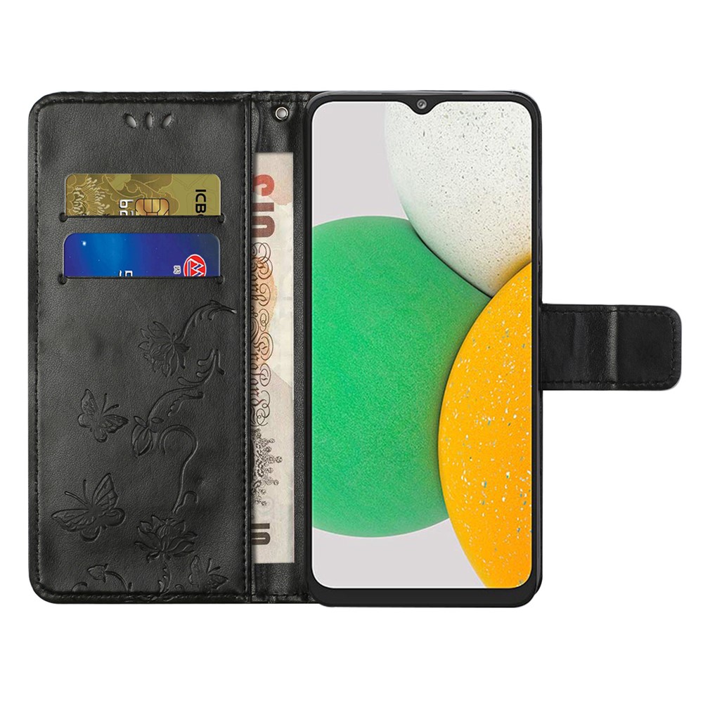 Fashionable Wallet Function Flip Imprinted Butterflies Flower PU Leather Scratch-resistant Phone Case Stand Shell for Samsung Galaxy A03 Core - Black-6