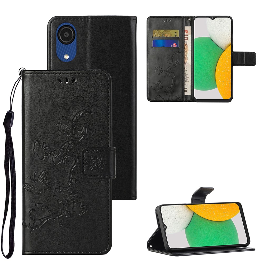 Fashionable Wallet Function Flip Imprinted Butterflies Flower PU Leather Scratch-resistant Phone Case Stand Shell for Samsung Galaxy A03 Core - Black-7
