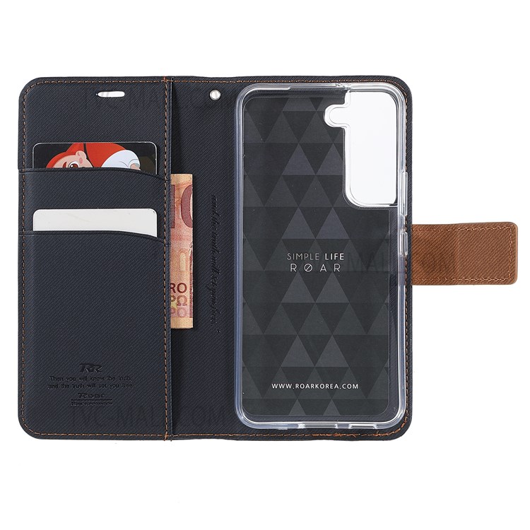 ROAR Twill Grain Cloth Texture PU Leather Wallet Phone Case Stand Flip Protective Cover for Samsung Galaxy S22+ 5G - Black-8