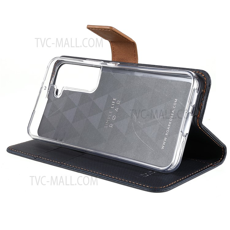 ROAR Twill Grain Cloth Texture PU Leather Wallet Phone Case Stand Flip Protective Cover for Samsung Galaxy S22+ 5G - Black-9