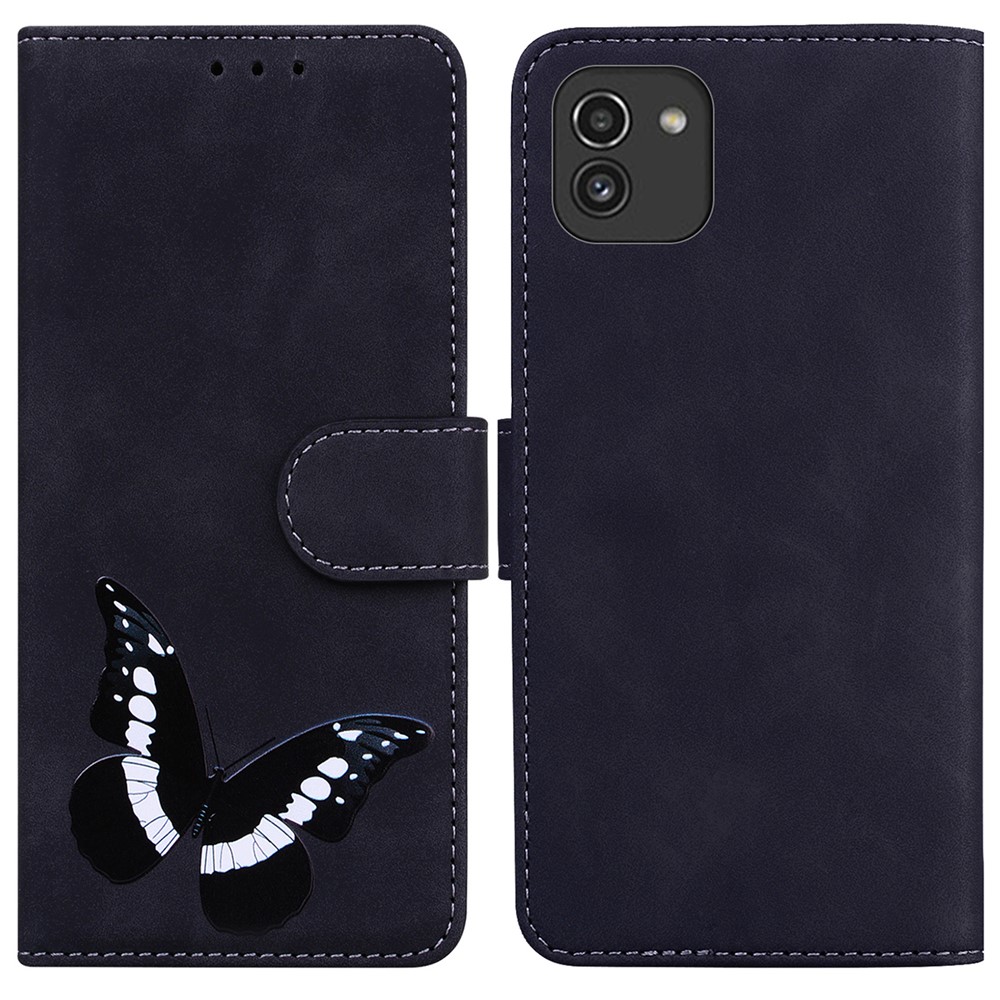 PU Leather + TPU Double Protection Case Skin Touch Feeling Butterfly Printing Stand Phone Cover with Wallet for Samsung Galaxy A03 (166.5 x 75.98 x 9.14mm) - Black-1