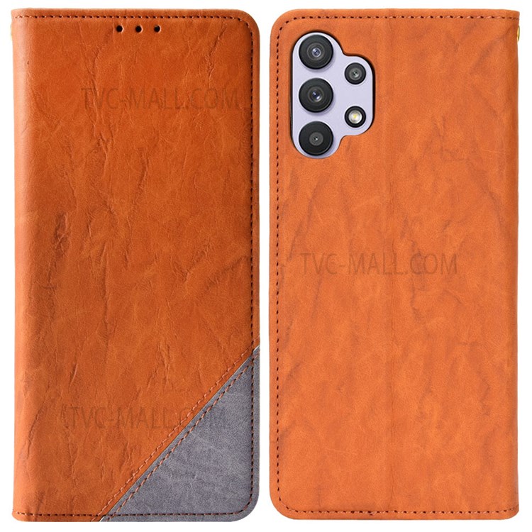 Shockproof Phone Case Color Splicing PU Leather Phone Protector Folio Flip Wallet Cover with Stand for Galaxy A32 4G (EU Version) - Brown-1
