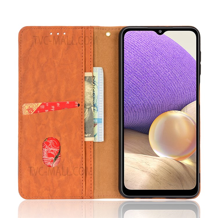 Shockproof Phone Case Color Splicing PU Leather Phone Protector Folio Flip Wallet Cover with Stand for Galaxy A32 4G (EU Version) - Brown-4