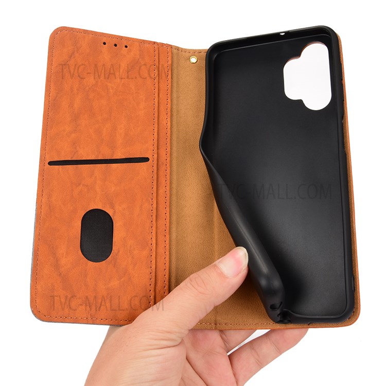 Shockproof Phone Case Color Splicing PU Leather Phone Protector Folio Flip Wallet Cover with Stand for Galaxy A32 4G (EU Version) - Brown-6