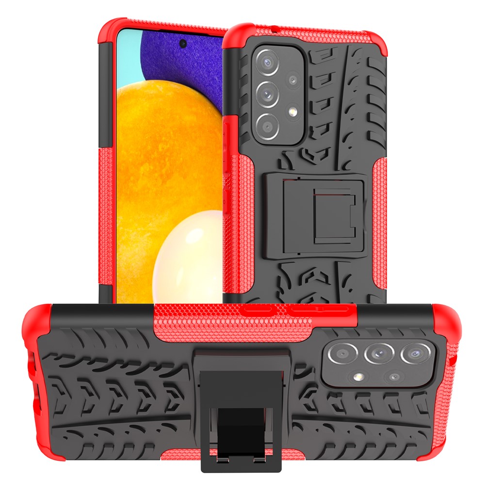 Heavy Duty Tire Texture Hybrid Hard PC Soft TPU Anti-Fall Cover with Kickstand for Samsung Galaxy A53 5G - Red-1