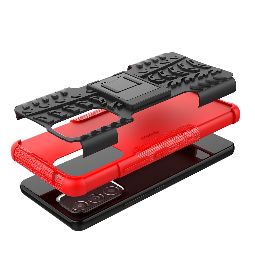 Heavy Duty Tire Texture Hybrid Hard PC Soft TPU Anti-Fall Cover with Kickstand for Samsung Galaxy A53 5G - Red-7