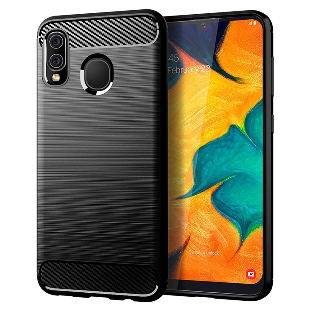 Heat Dissipation TPU Case 1.8mm Thickness Drop-Proof Carbon Fiber Texture Fingerprint-Free Brushed Surface Phone Cover for Samsung Galaxy A20/A30/M10s - Black-1