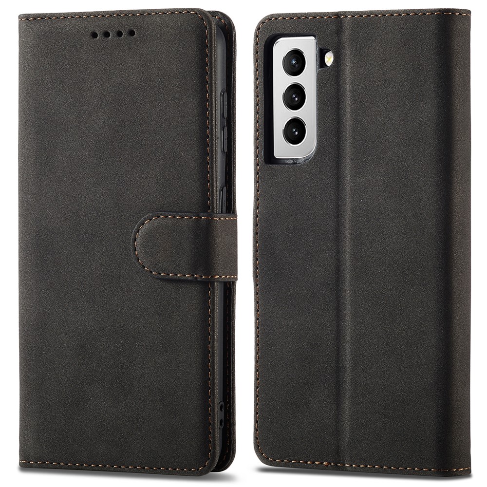 Matte Surface Anti-theft Swiping Design Magnetic Clasp PU Leather Wallet Stand Phone Cover Shell for Samsung Galaxy S21 5G - Black-1
