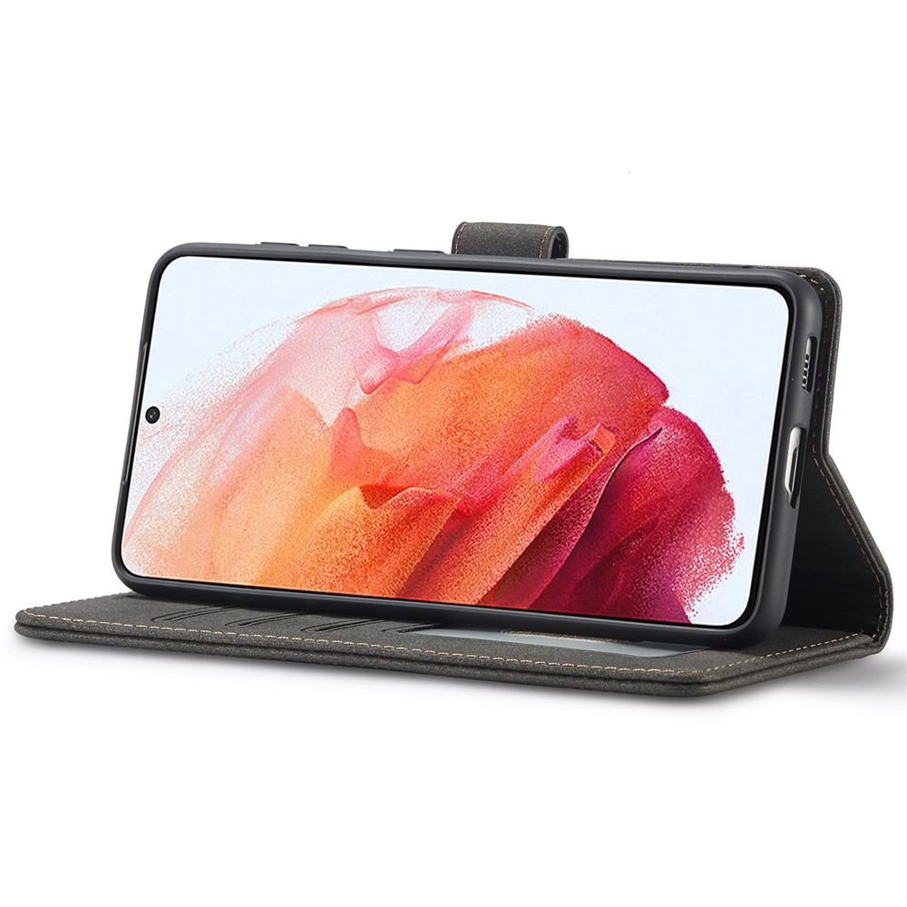 Matte Surface Anti-theft Swiping Design Magnetic Clasp PU Leather Wallet Stand Phone Cover Shell for Samsung Galaxy S21 5G - Black-4