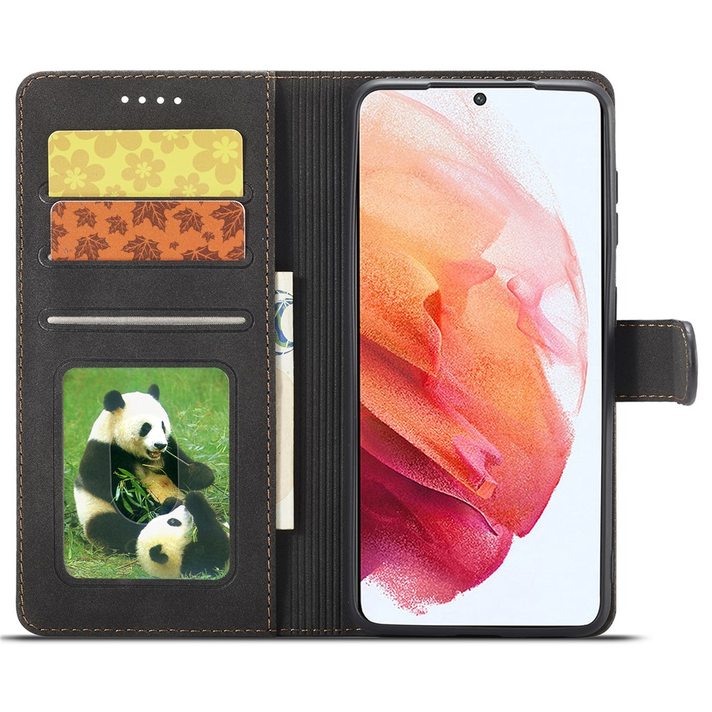 Matte Surface Anti-theft Swiping Design Magnetic Clasp PU Leather Wallet Stand Phone Cover Shell for Samsung Galaxy S21 5G - Black-5