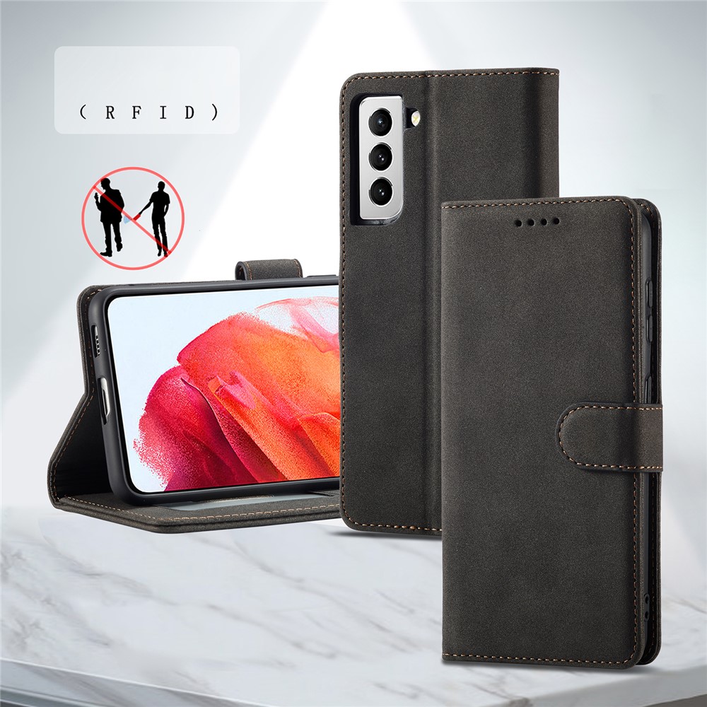 Matte Surface Anti-theft Swiping Design Magnetic Clasp PU Leather Wallet Stand Phone Cover Shell for Samsung Galaxy S21 5G - Black-8