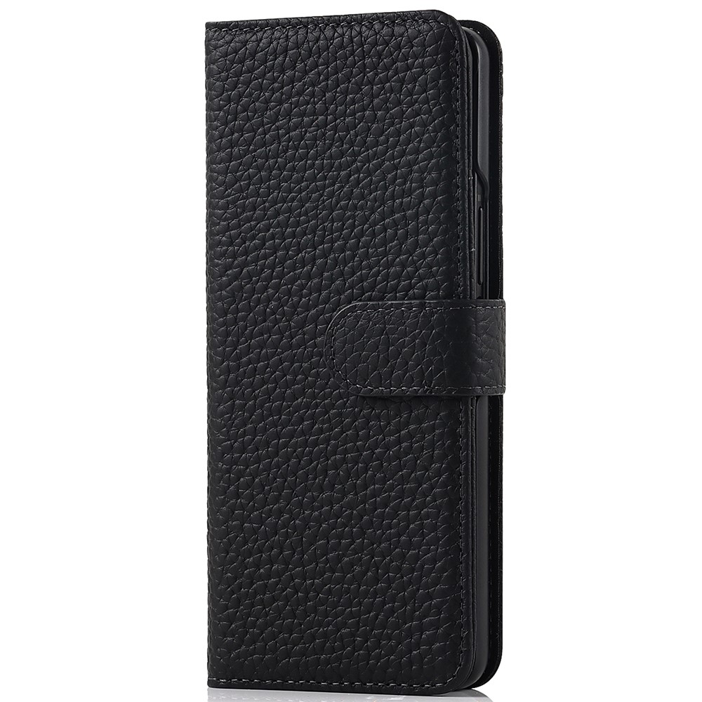 Stand Wallet Design Litchi Textura De Couro Genuíno + PC Capa Do Caso De Telefone Com Slot Caneta Destacável Para Samsung Galaxy Z Dobras 5g - Preto