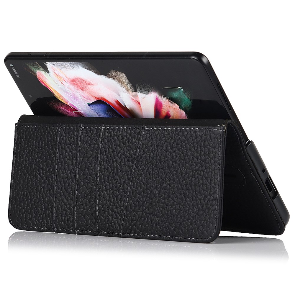 Stand Portefeuille Portefeuille Litchi Texture Véritable Cuir Véritable + Couverture De Cas De Téléphone PC Avec Emplacement De Stylo Détachable Pour Samsung Galaxy Z Fold3 5g - Noir