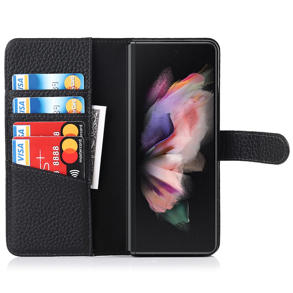 Stand Wallet Design Litchi Textur Echtes Leder + PC Phone Case Cover Mit Abnehmbarem Stiftschlitz Für Samsung Galaxy Z Fold3 5g - Schwarz