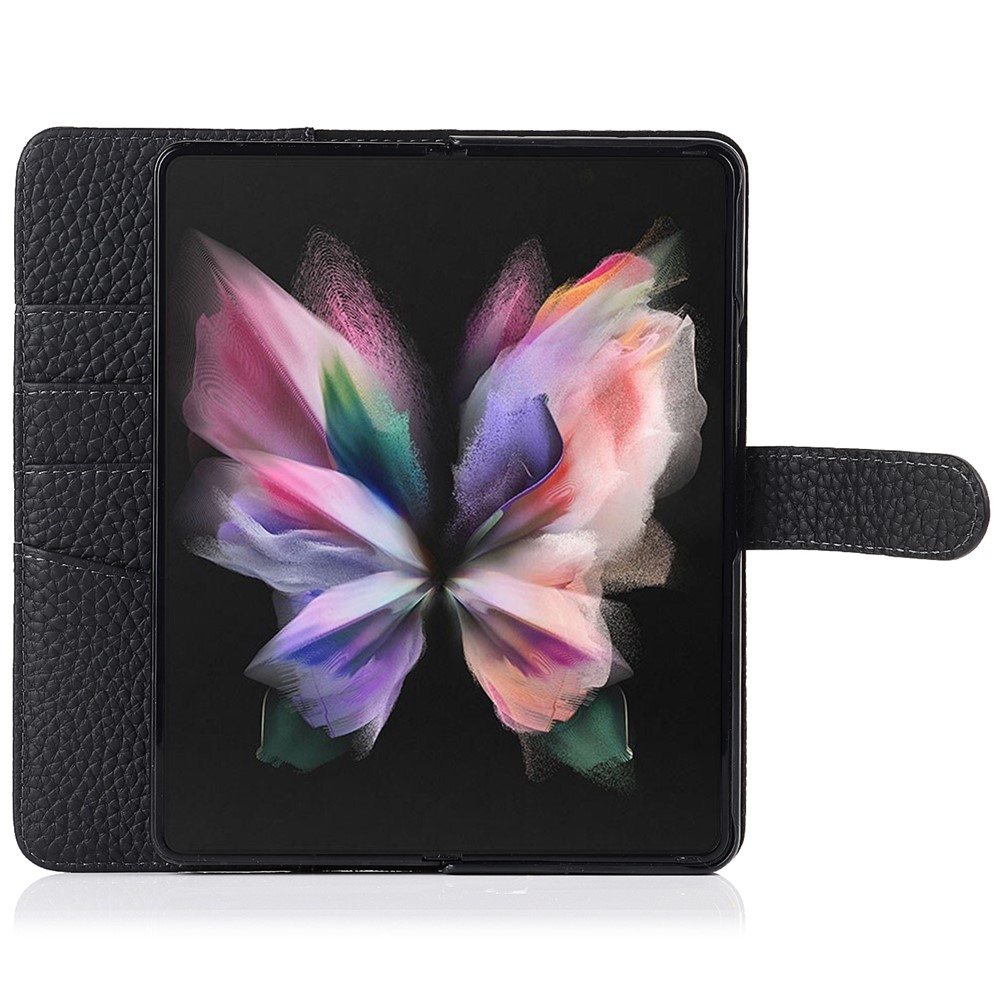 Stand Portefeuille Portefeuille Litchi Texture Véritable Cuir Véritable + Couverture De Cas De Téléphone PC Avec Emplacement De Stylo Détachable Pour Samsung Galaxy Z Fold3 5g - Noir