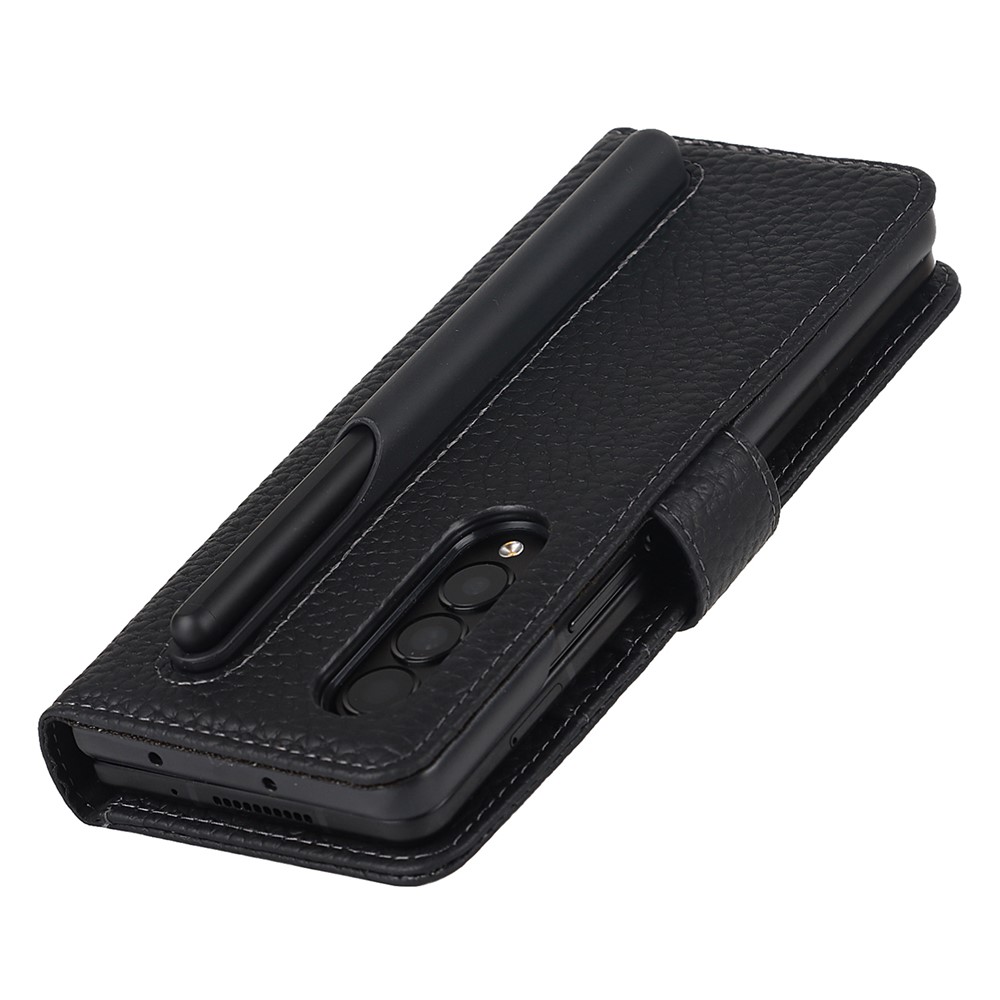 Stand Wallet Design Litchi Texture Genuine Leather + PC Phone Case Cover with Detachable Pen Slot for Samsung Galaxy Z Fold3 5G - Black-8