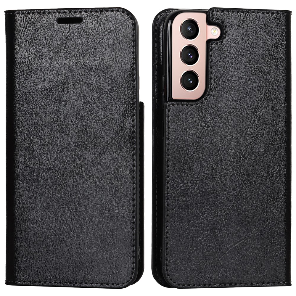 Drop Resistant Crazy Horse Texture Genuine Leather Magnetic Auto Closing Cover Stand Flip Wallet Case for Samsung Galaxy S22 5G - Black-1