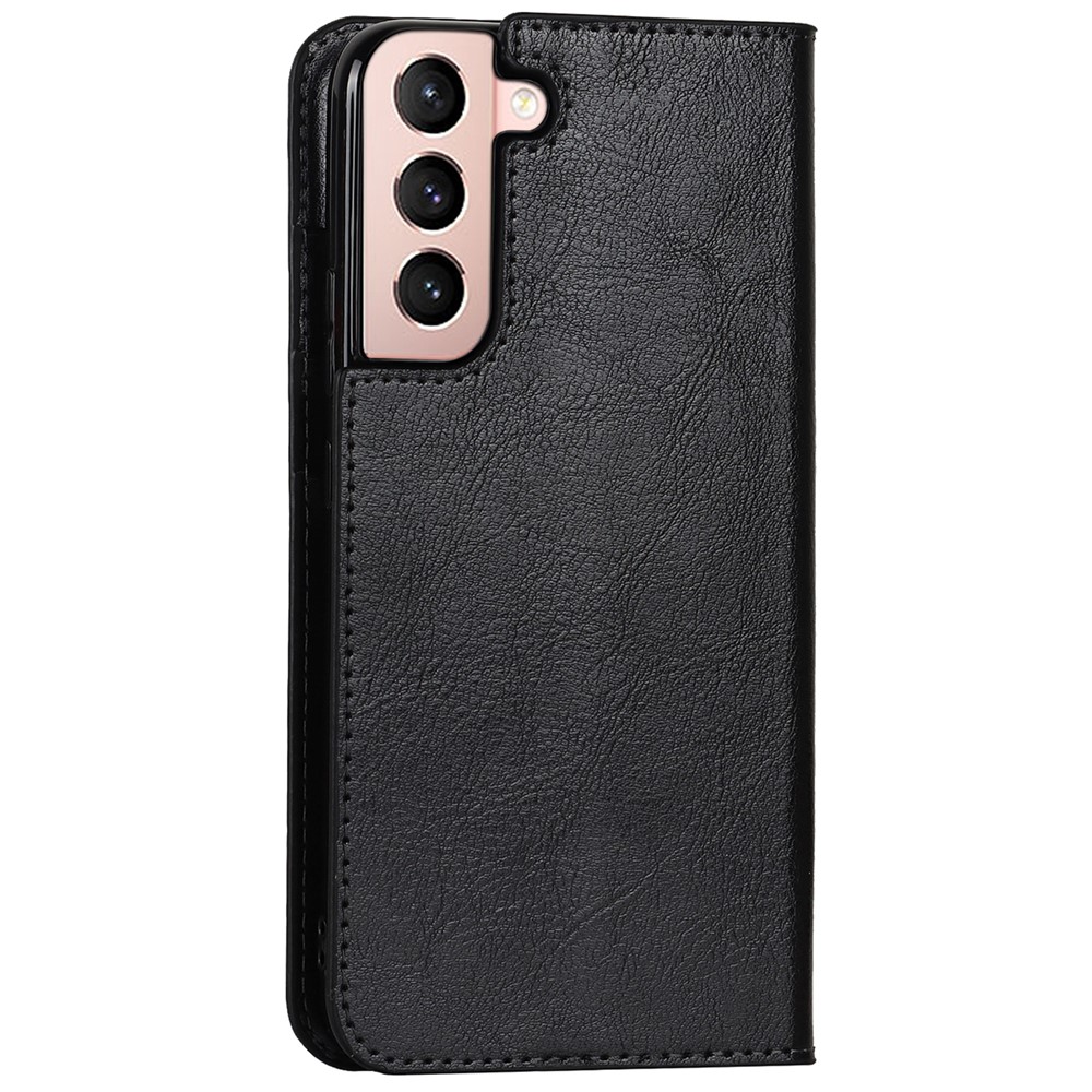 Drop Resistant Crazy Horse Texture Genuine Leather Magnetic Auto Closing Cover Stand Flip Wallet Case for Samsung Galaxy S22 5G - Black-3