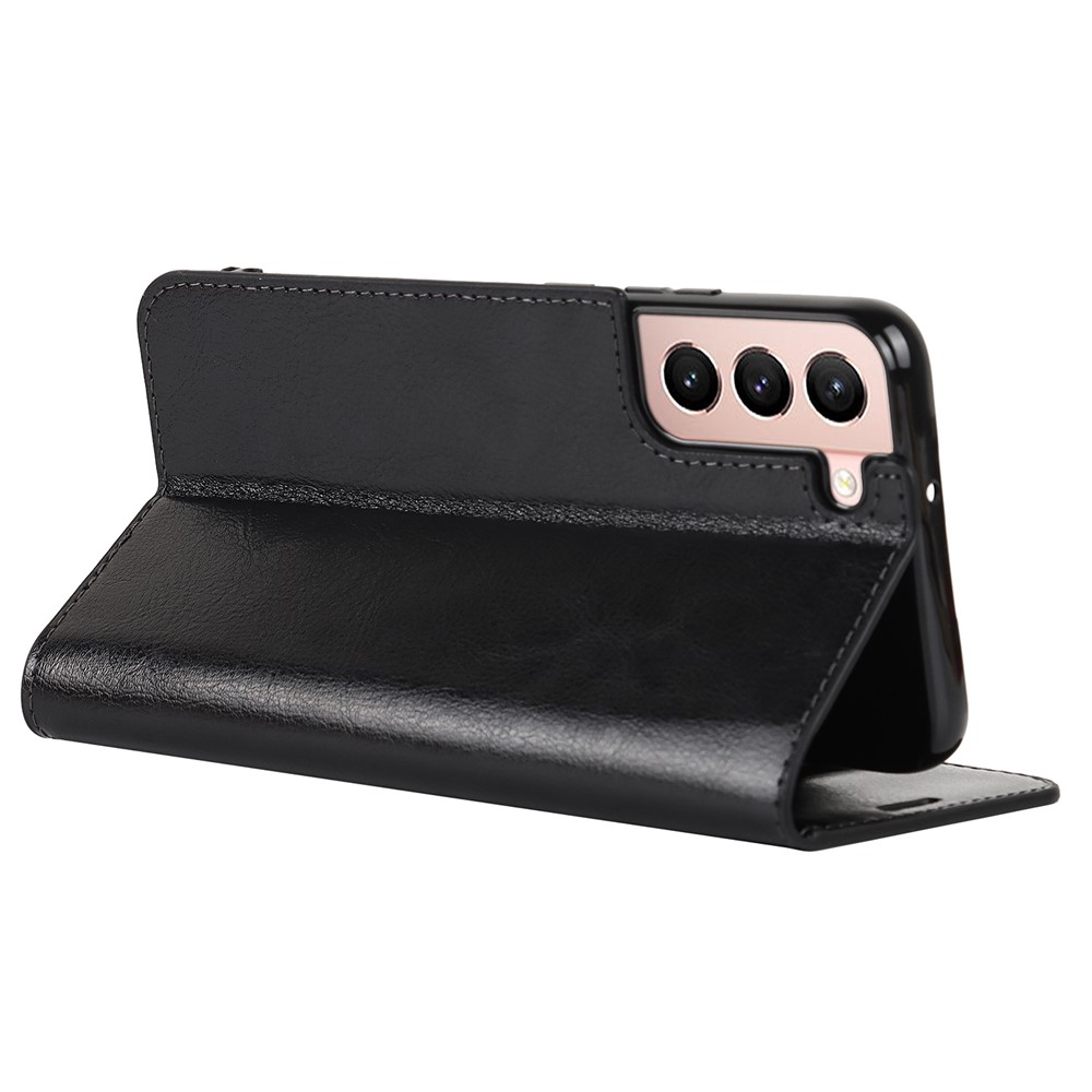 Drop Resistant Crazy Horse Texture Genuine Leather Magnetic Auto Closing Cover Stand Flip Wallet Case for Samsung Galaxy S22 5G - Black-5