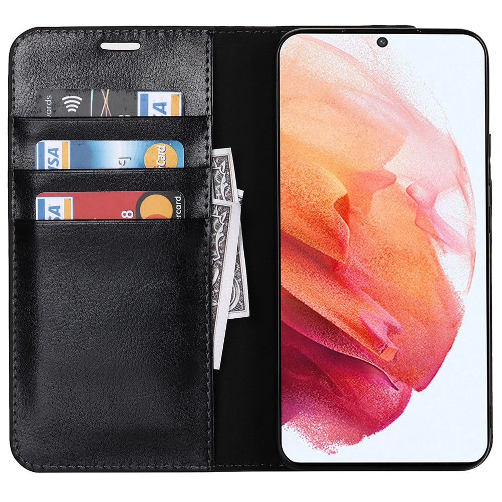 Drop Resistant Crazy Horse Texture Genuine Leather Magnetic Auto Closing Cover Stand Flip Wallet Case for Samsung Galaxy S22 5G - Black-6