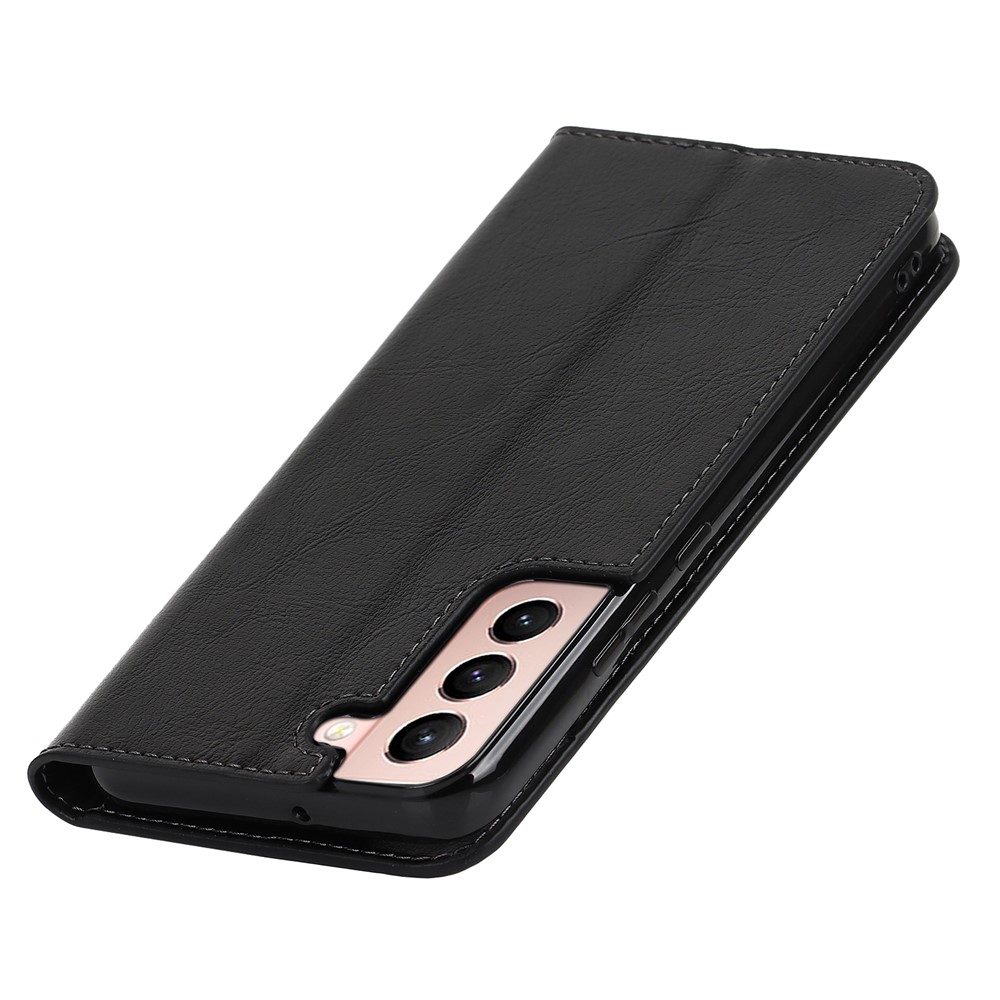 Drop Resistant Crazy Horse Texture Genuine Leather Magnetic Auto Closing Cover Stand Flip Wallet Case for Samsung Galaxy S22 5G - Black-8
