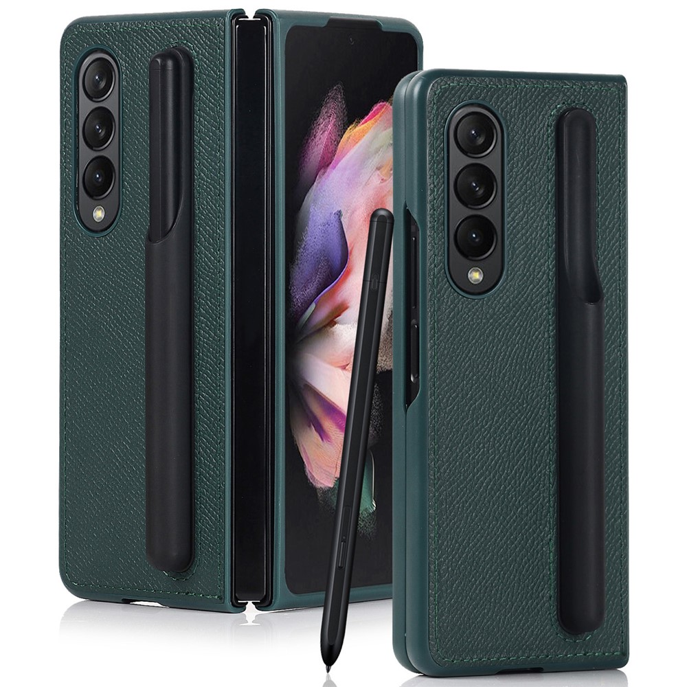 Detachable Pen Slot Palm Print Genuine Leather Full Protection Phone Case Shell for Samsung Galaxy Z Fold3 5G - Green-1