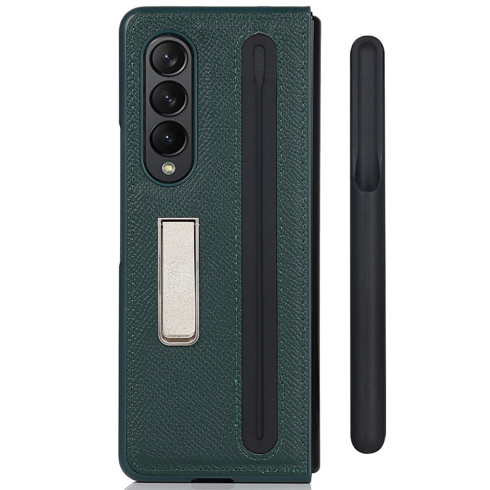 Palm Prim Primente Genuino Capela + Capa de Telefonal PC Peno Cobertura Com Slot de Pena Atribulável Para Samsung Galaxy Z Fold3 5G - Verde