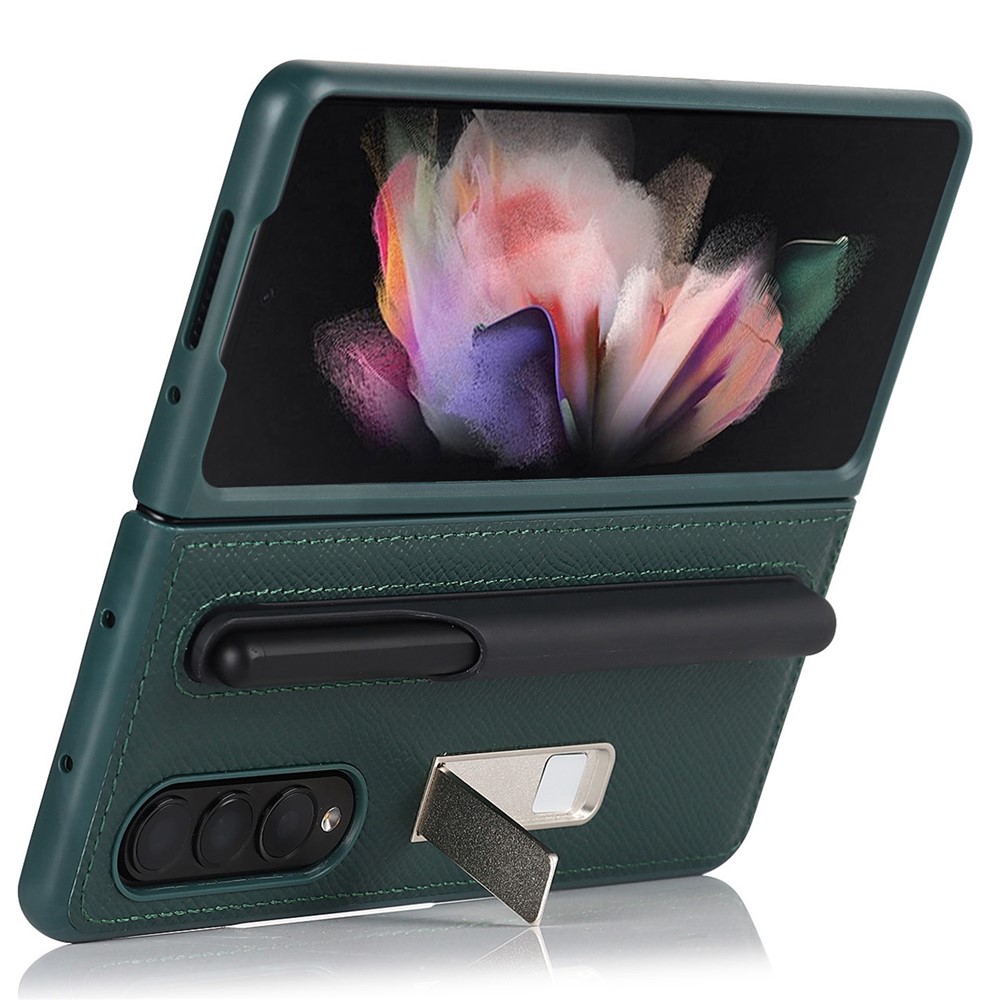 Palm Print Genuine Leather + PC Phone Case Kickstand Cover with Detachable Pen Slot for Samsung Galaxy Z Fold3 5G - Green-4