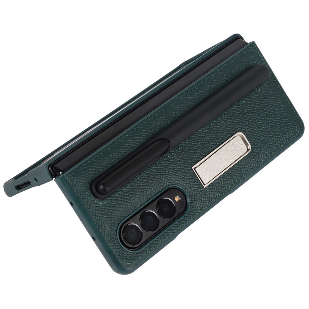 Palm Print Genuine Leather + PC Phone Case Kickstand Cover with Detachable Pen Slot for Samsung Galaxy Z Fold3 5G - Green-7