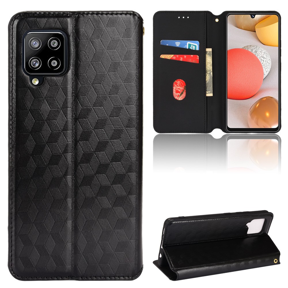 3D Rhombus Pattern Imprinted Drop Protection Phone Case Magnetic Auto Closing PU Leather Protective Cover with Stand Wallet for Samsung Galaxy A42 5G/M42 5G - Black-9
