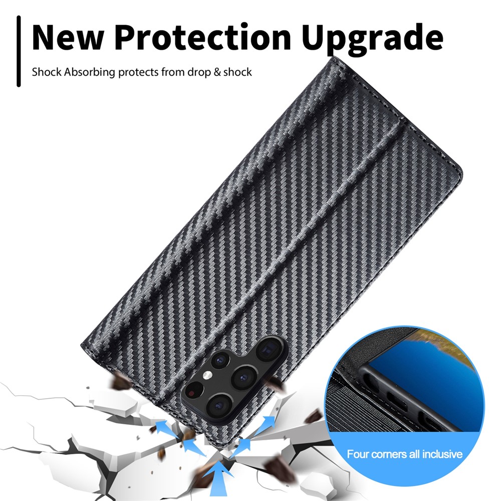 LC.IMEEKE PU Leather + TPU Folio Flip Cover Carbon Fiber Texture Wallet Stand Phone Case for Samsung Galaxy S22 Ultra 5G - Vertical Stripe-10