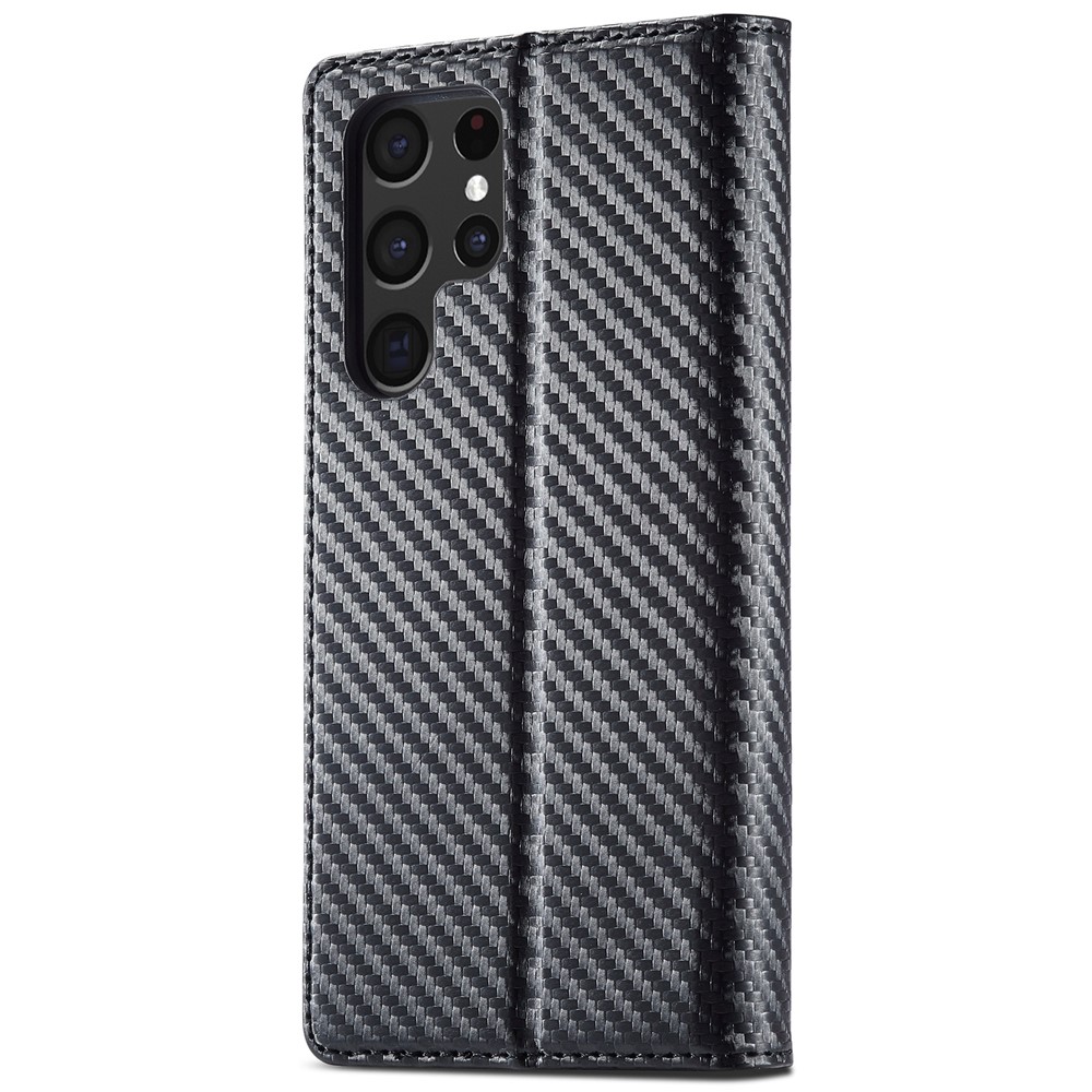 LC.IMEEKE PU Leather + TPU Folio Flip Cover Carbon Fiber Texture Wallet Stand Phone Case for Samsung Galaxy S22 Ultra 5G - Vertical Stripe-3