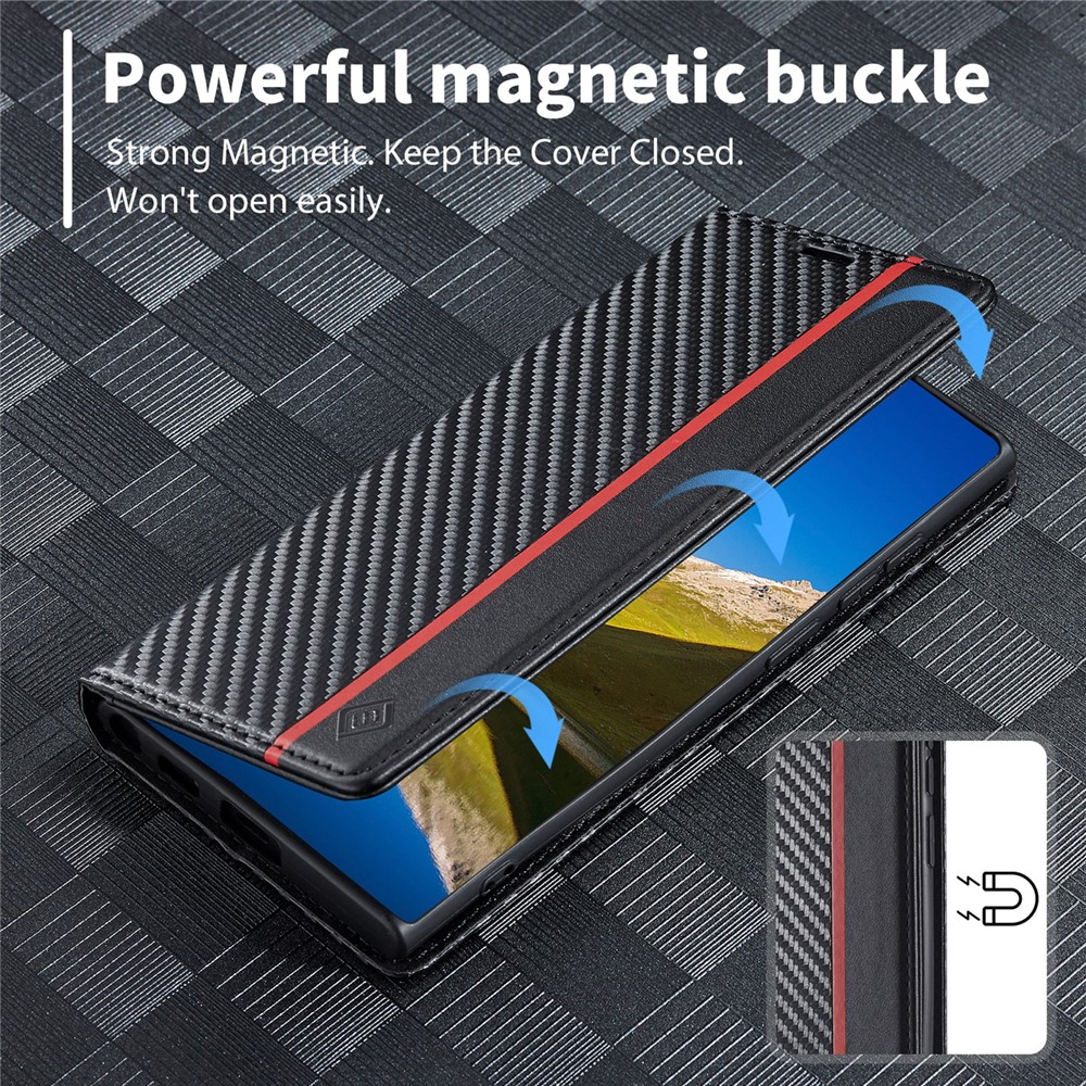 LC.IMEEKE PU Leather + TPU Folio Flip Cover Carbon Fiber Texture Wallet Stand Phone Case for Samsung Galaxy S22 Ultra 5G - Vertical Stripe-6