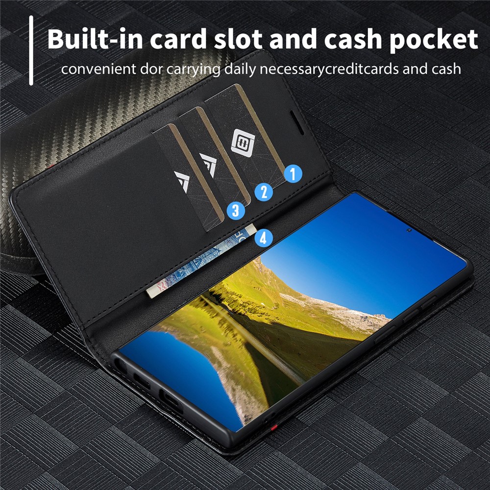 LC.IMEEKE PU Leather + TPU Folio Flip Cover Carbon Fiber Texture Wallet Stand Phone Case for Samsung Galaxy S22 Ultra 5G - Vertical Stripe-7