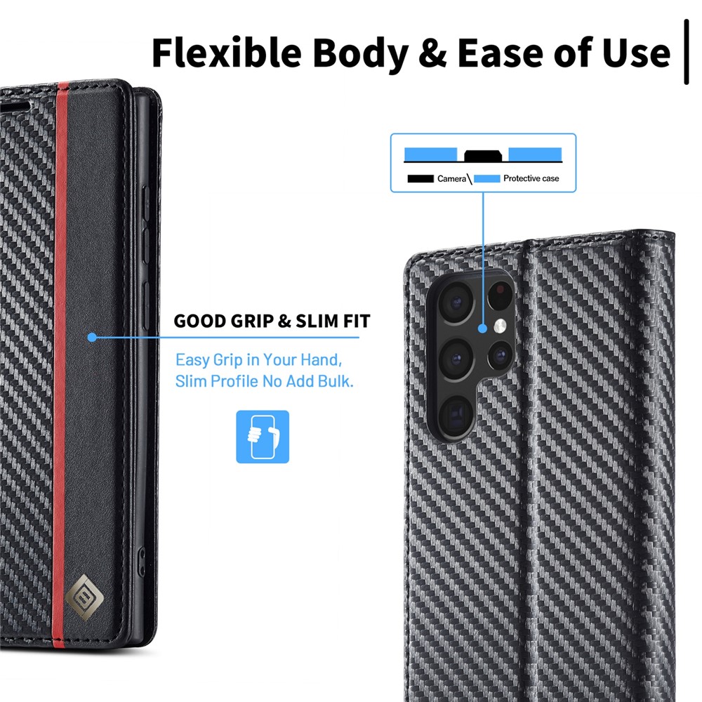 LC.IMEEKE PU Leather + TPU Folio Flip Cover Carbon Fiber Texture Wallet Stand Phone Case for Samsung Galaxy S22 Ultra 5G - Vertical Stripe-9