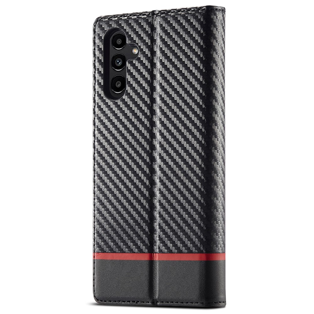 Lc. Imeeke Carbon Fiber Texture Willet Design PU Cuero de Cuero Magnético Cierre Automático Cubierta de la Caja Del Teléfono Para Samsung Galaxy A13 5G - Franja Horizontal