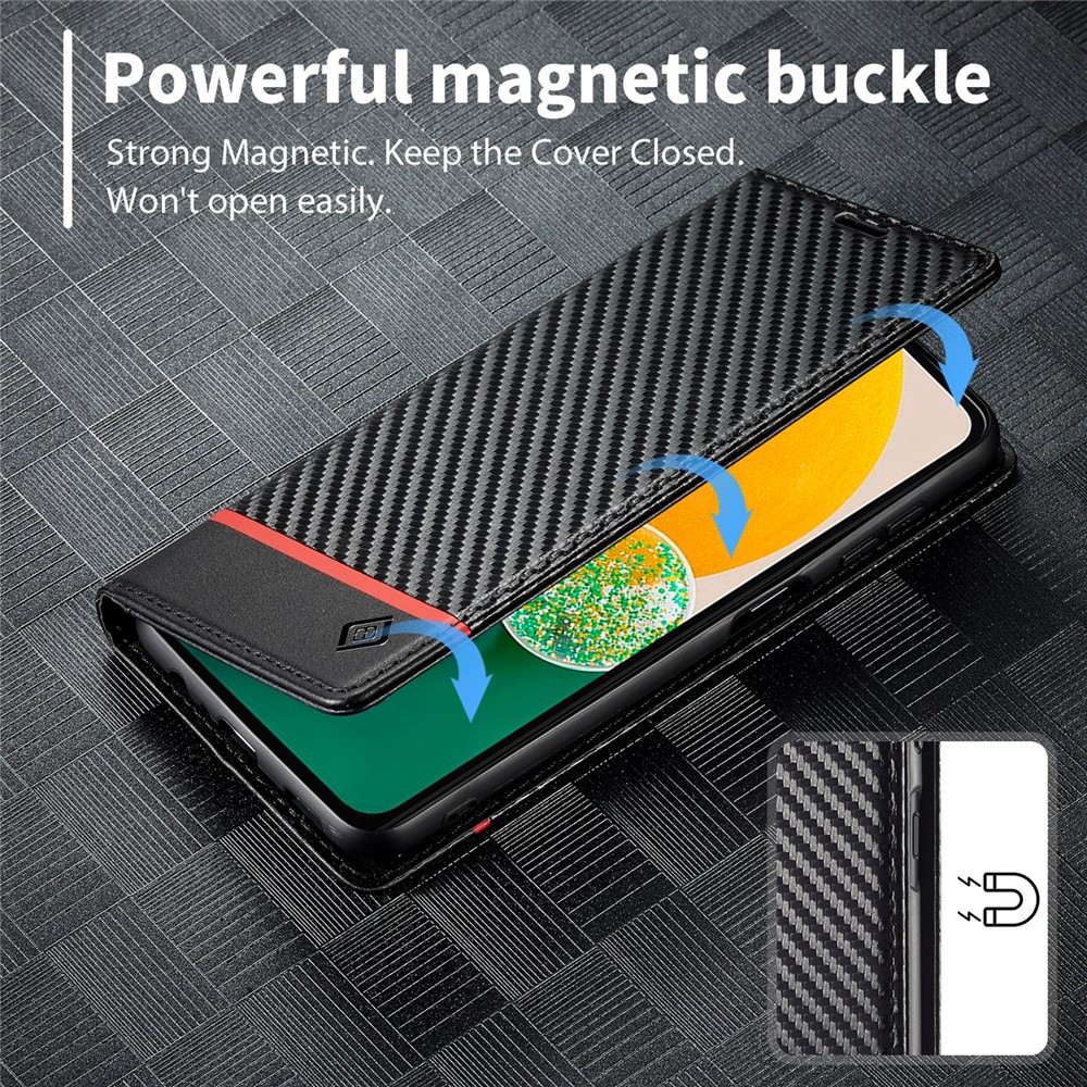 LC.IMEEKE Carbon Fiber Texture Wallet Stand Design PU Leather Magnetic Auto Closing Phone Case Cover for Samsung Galaxy A13 5G - Horizontal Stripe-6