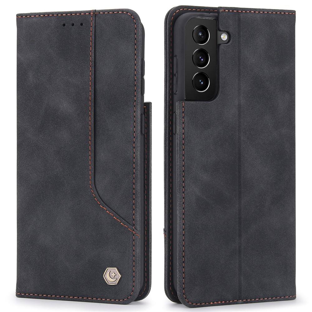 POLA 008 Series Retro Style PU Leather + TPU Auto Magnetic Closing Stand Wallet Phone Case Cover for Samsung Galaxy S21+ 5G - Black-1