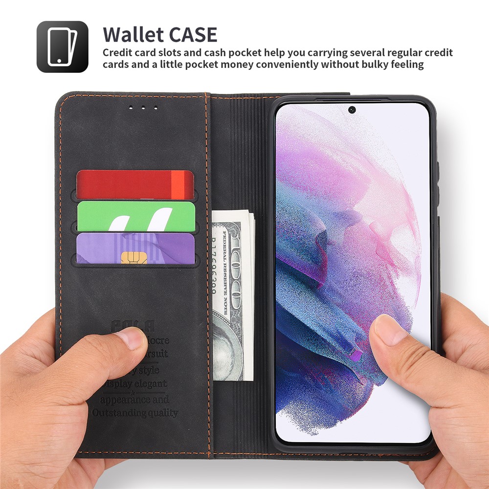 POLA 008 Series Retro Style PU Leather + TPU Auto Magnetic Closing Stand Wallet Phone Case Cover for Samsung Galaxy S21+ 5G - Black-3